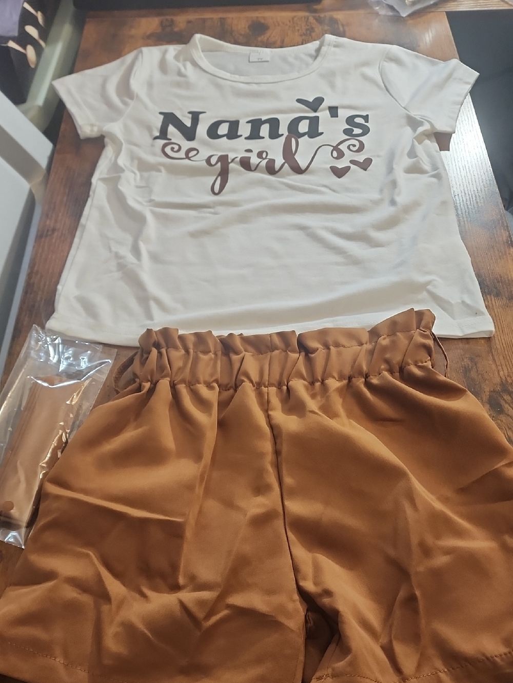 7y Kids Matching Set - 'Nana's Girl' White Top & Brown Shorts